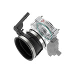 Silver CNC-machined aFe Silver Bullet throttle body spacer with black silicone coupling and mounting hardware.
