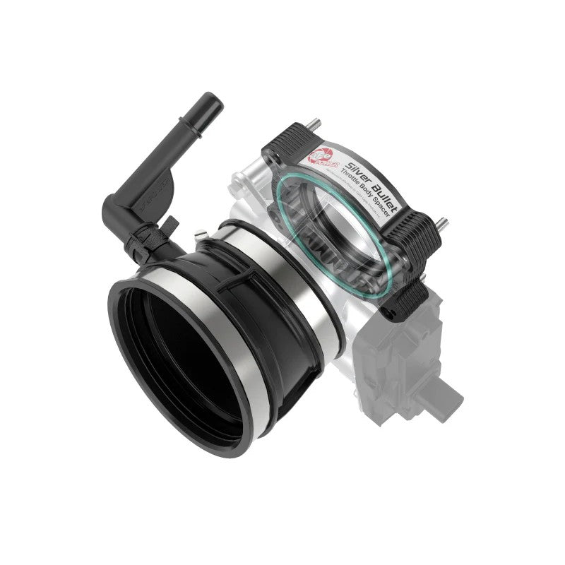 Black anodized aFe Silver Bullet billet aluminum throttle body spacer with silicone coupler and mounting hardware.