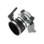 Black anodized aFe Silver Bullet billet aluminum throttle body spacer with silicone coupler and mounting hardware.