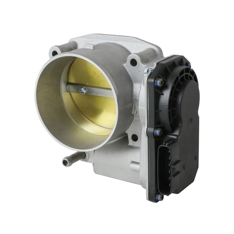 aFe POWER 76mm throttle body with silver CNC-machined billet aluminum adapter and mounting hardware.