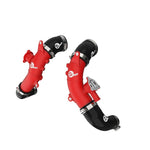 Textured red aFe BladeRunner 2.5-inch aluminum hot charge pipe with 5-ply silicone couplings and stainless steel clamps.