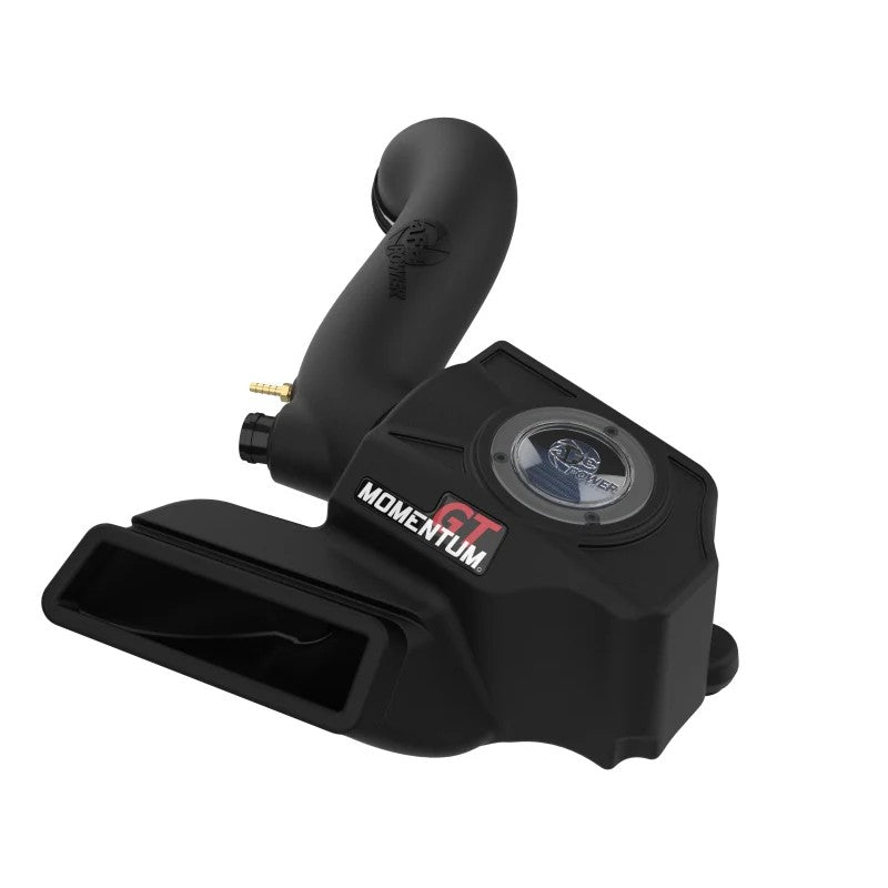 aFe POWER Momentum GT cold air intake with black XLPE housing, clear sight window, and Pro 5R blue filter media.