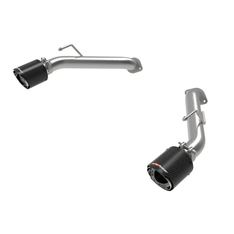 aFe Takeda axle-back exhaust for Nissan Z featuring dual 4.5-inch carbon fiber tips and 304 stainless steel tubing