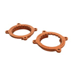 A pair of bright orange anodized aFe Silver Bullet billet aluminum throttle body spacers for 2024-2026 Ford Mustang 5.0L.