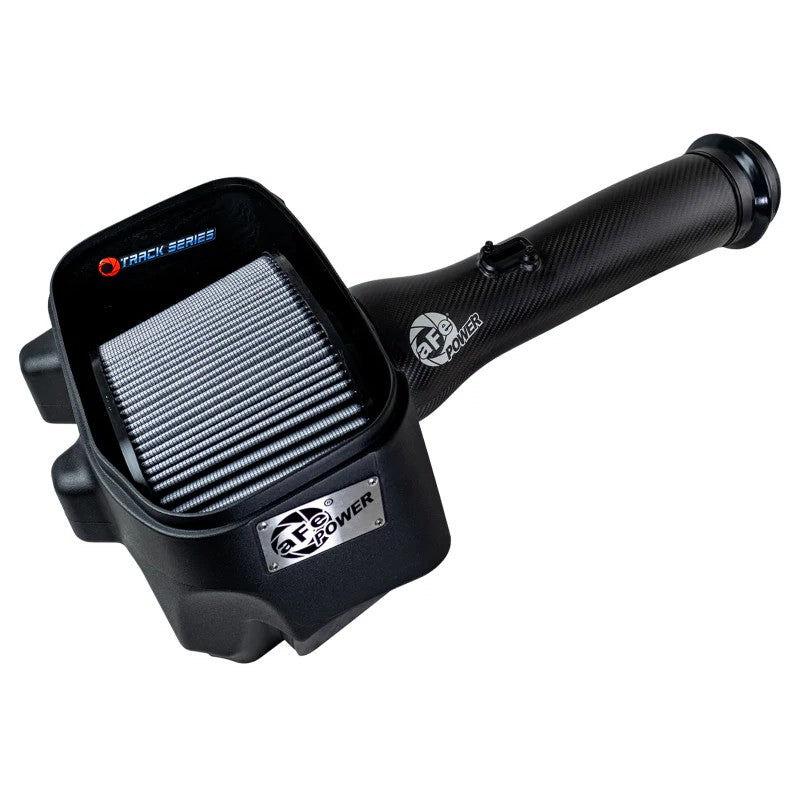 aFe Track Series matte carbon fiber intake system for Ram 1500 RHO with Pro DRY S filter and black tactical clamps.