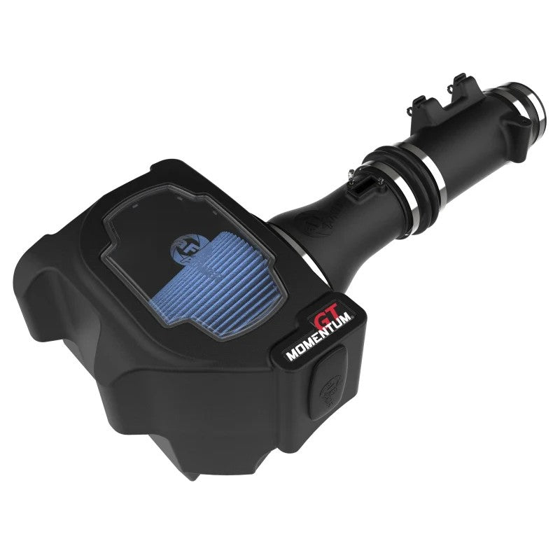 aFe Momentum GT cold air intake system featuring a black XLPE sealed housing and blue Pro 5R conical air filter.