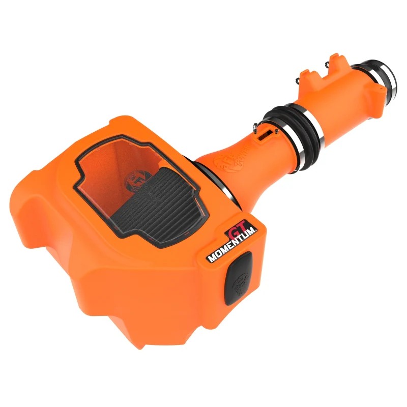 aFe Momentum GT Orange Edition intake with orange XLPE airbox, clear sight window, and black Pro 5R air filter.