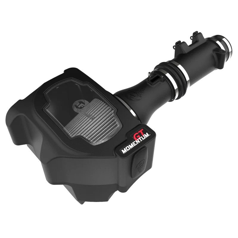 aFe Power Momentum GT cold air intake system with black XLPE housing, clear sight window, and Pro DRY S air filter.