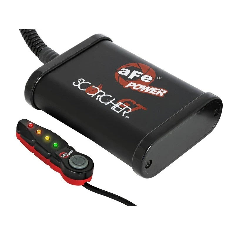 aFe POWER Scorcher GT module with black aluminum casing, wiring harness, and LED selector switch.