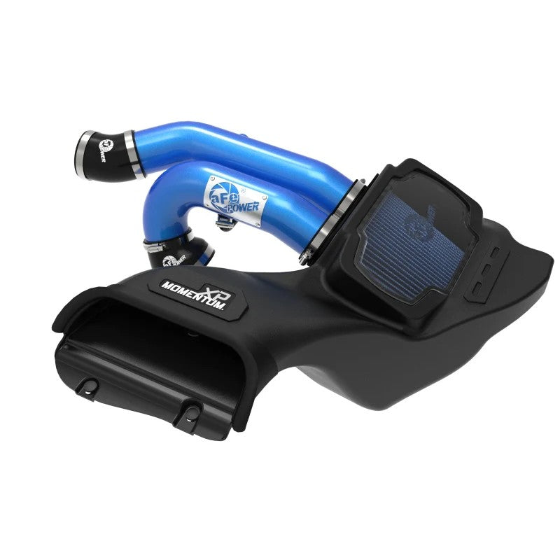 aFe Momentum XP intake system with blue aluminum tubes, black XLPE housing, and Pro 5R air filter for 2021-2026 Ford trucks.