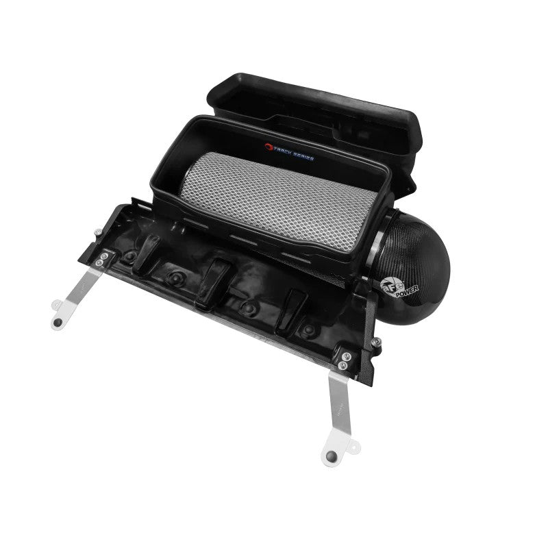 aFe Track Series carbon fiber cold air intake system with large Pro DRY S filter and stainless steel clamps for Ram TRX.