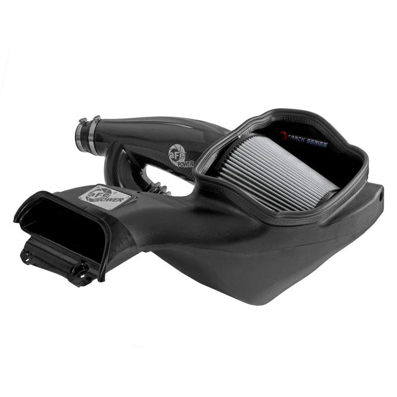 aFe POWER Track Series cold air intake featuring a carbon fiber tube, XLPE housing, and Pro DRY S conical air filter.
