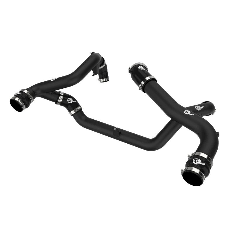 Wrinkle black mandrel-bent aluminum charge pipes with blue silicone couplings and stainless steel clamps.