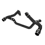 Wrinkle black mandrel-bent aluminum charge pipes with blue silicone couplings and stainless steel clamps.