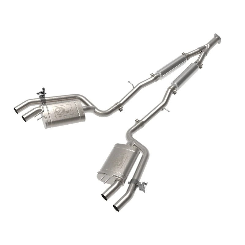 aFe Gemini XV 304 stainless steel cat-back exhaust system for Kia Stinger with dual outlets and electronic valve motor.
