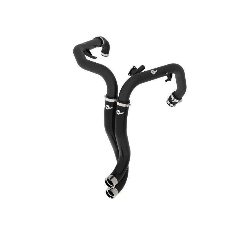Wrinkle black powder coated aluminum 2.25 inch hot charge pipe with black silicone couplings and stainless steel clamps.