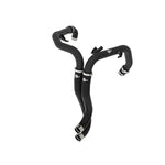Wrinkle black powder coated aluminum 2.25 inch hot charge pipe with black silicone couplings and stainless steel clamps.