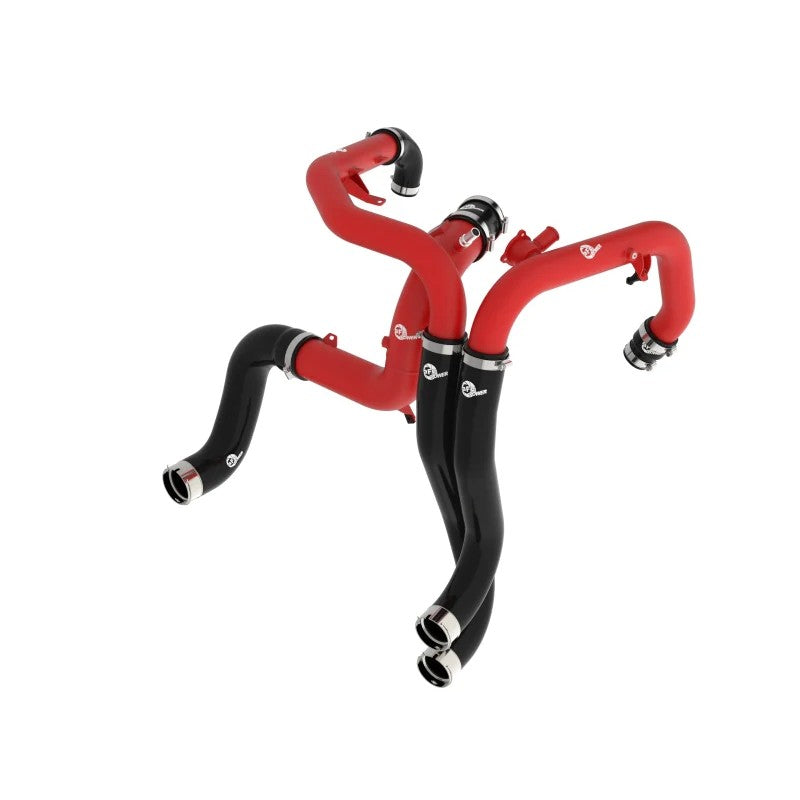 Textured red aluminum hot and cold charge pipe kit with black silicone couplings and stainless steel clamps.