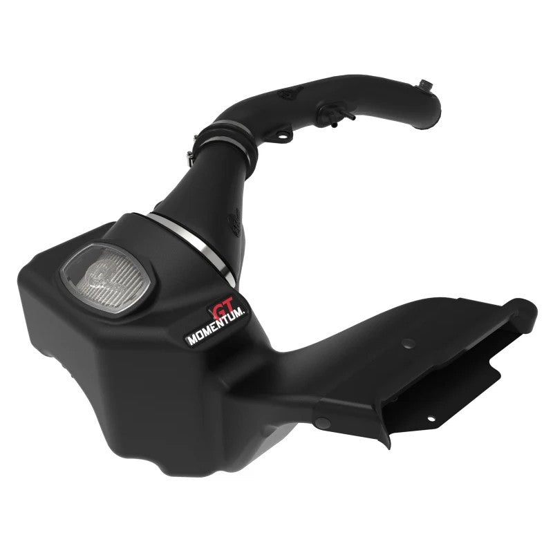 aFe Momentum GT cold air intake for Ford Bronco Raptor featuring a black XLPE housing and clear inspection window.