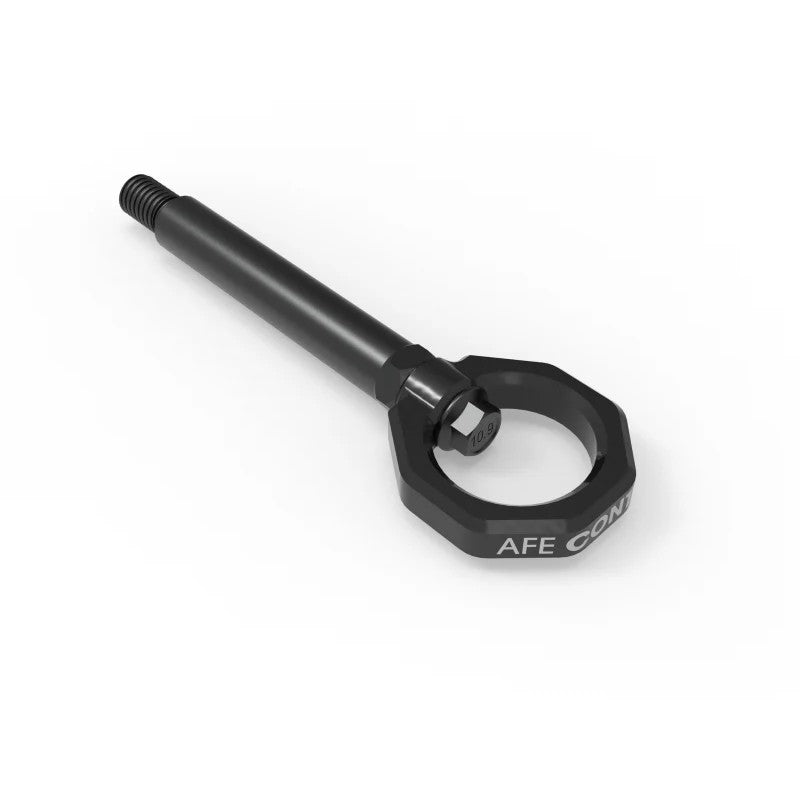 aFe CONTROL black 4130 steel tow hook and CNC machined stem for 2023-2025 BMW M2 G87 bumper mounting.