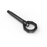 aFe CONTROL black 4130 steel tow hook and CNC machined stem for 2023-2025 BMW M2 G87 bumper mounting.