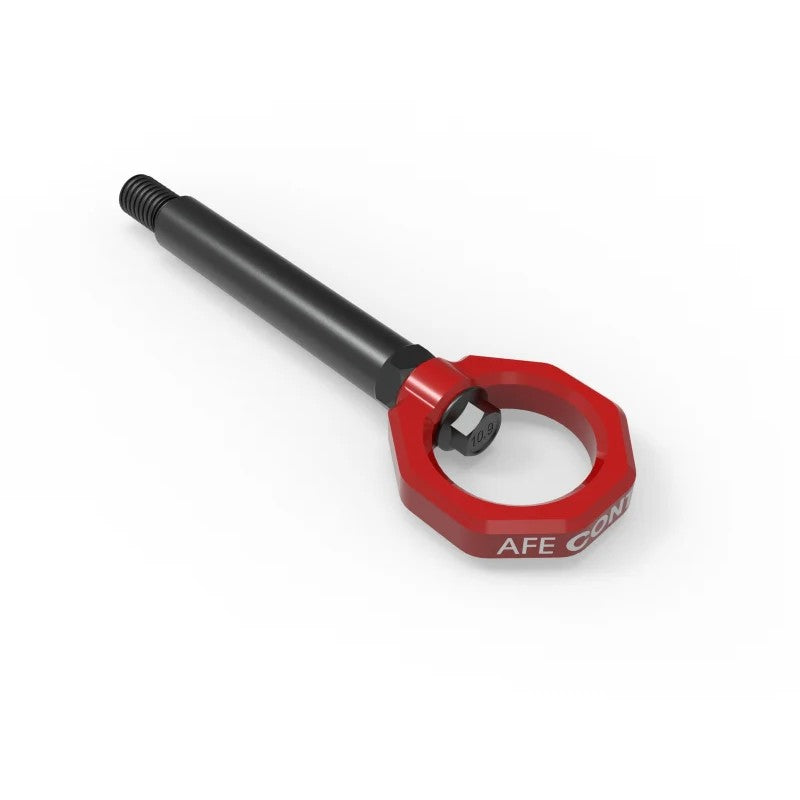 aFe Control red powder-coated 4130 steel tow hook with black zinc stem for 2023-2025 BMW M2