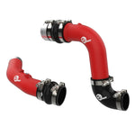 Textured red aFe BladeRunner 3-inch aluminum hot and cold charge pipes with 5-ply silicone couplings and T-bolt clamps.