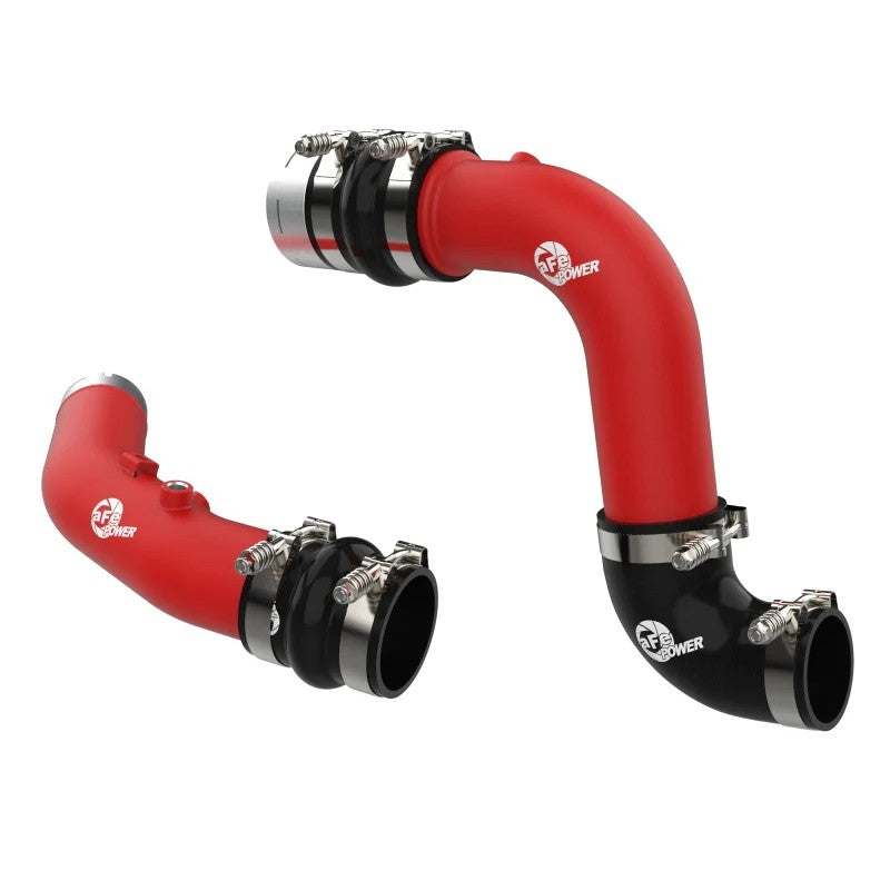 Textured red aFe BladeRunner 3-inch aluminum hot and cold charge pipes with 5-ply silicone couplings and T-bolt clamps.