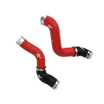 Textured red mandrel-bent aluminum hot and cold side charge pipes with 5-ply silicone couplings and SmartSeal clamps.