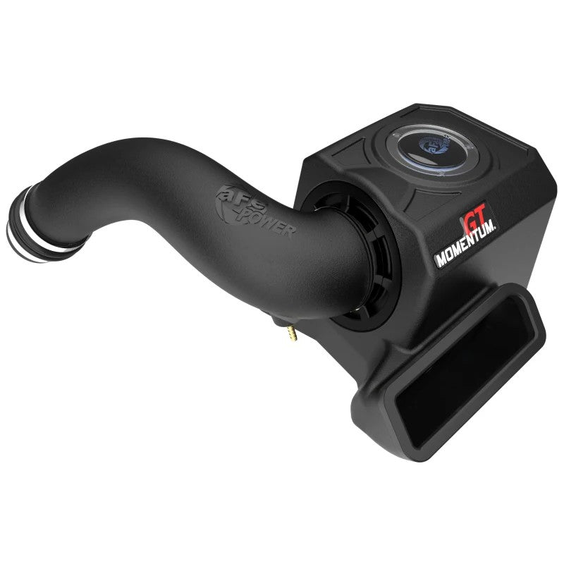aFe Momentum GT cold air intake for VW Atlas featuring a black XLPE housing, clear sight window, and blue Pro 5R air filter