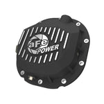 Black powder-coated aFe rear differential cover with machined aluminum fins and a clear oil level sight glass.