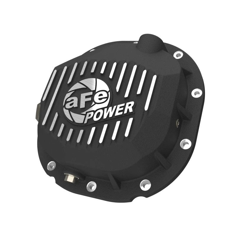 Black powder-coated aFe rear differential cover with machined aluminum fins and a clear oil level sight glass.