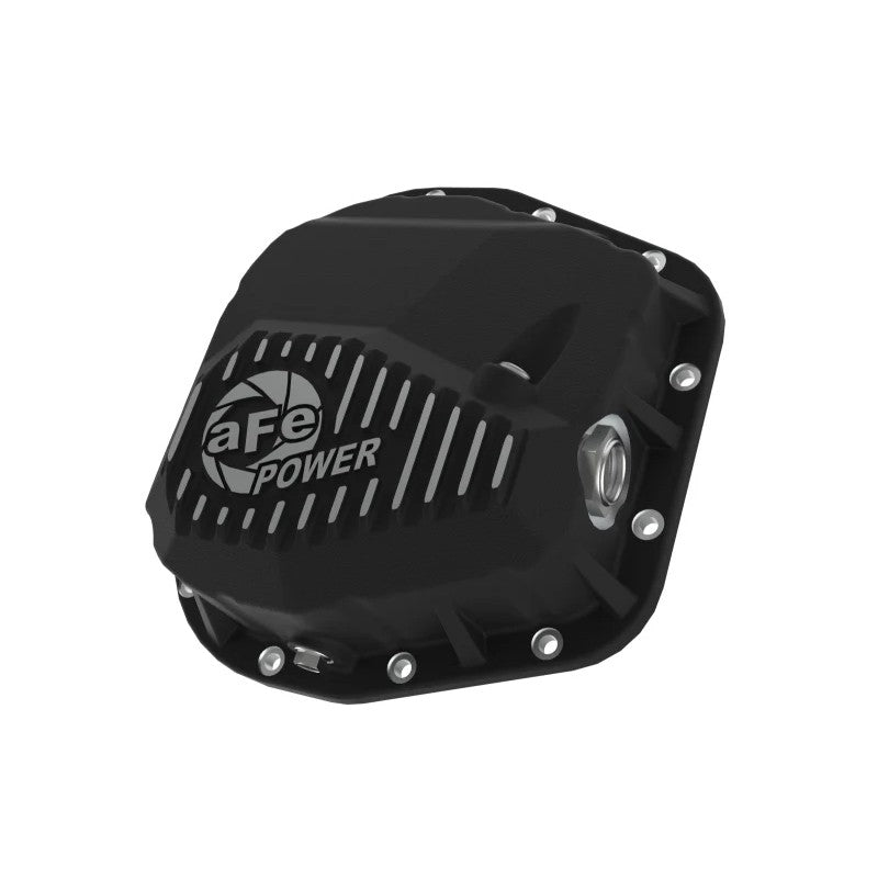 aFe Power Pro Series black powder-coated aluminum rear differential cover with machined fins and oil level sight glass
