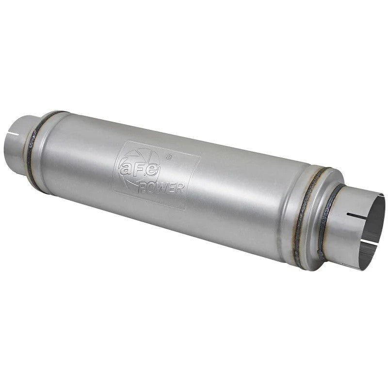 aFe ATLAS 5-inch aluminized steel performance muffler featuring a 7-inch diameter round body and stamped logo.