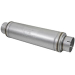 aFe ATLAS 5-inch aluminized steel performance muffler featuring a 7-inch diameter round body and stamped logo.