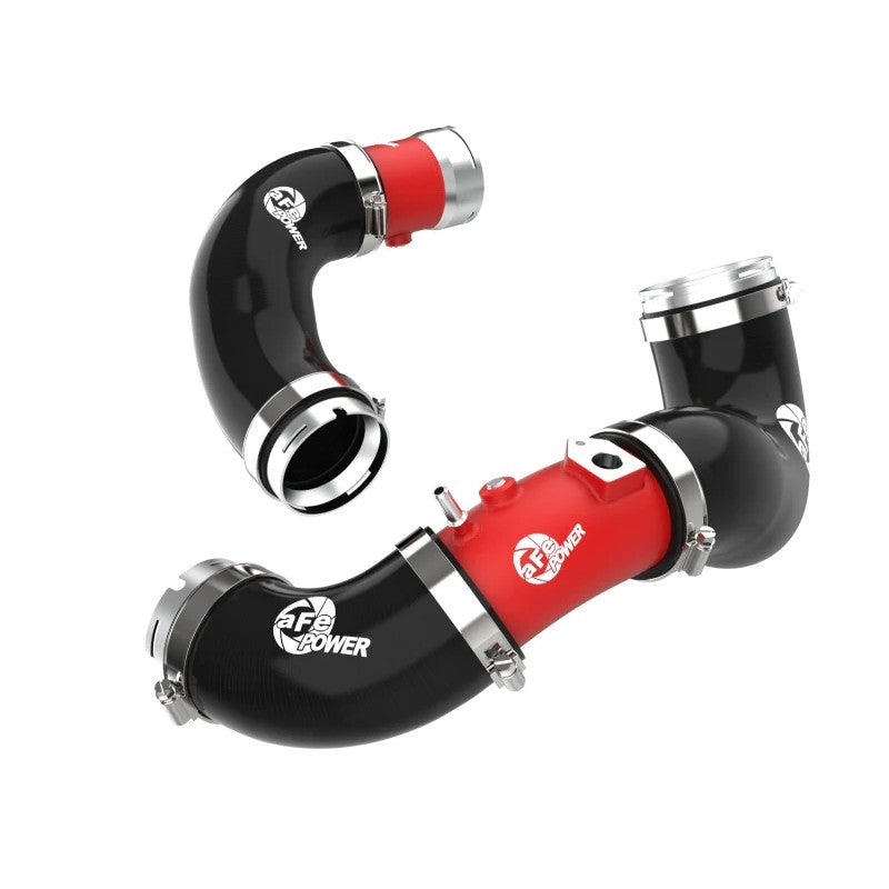 Textured red powder-coated aluminum hot and cold charge pipes with 5-ply silicone couplings and stainless steel clamps