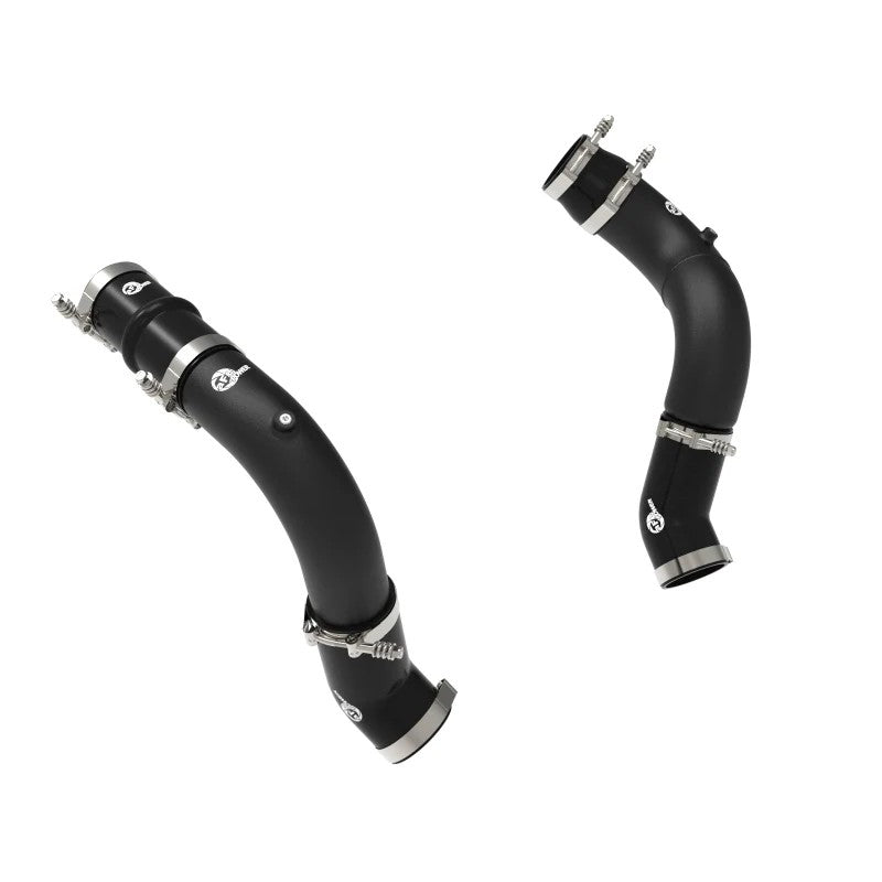 aFe BladeRunner wrinkle black mandrel-bent aluminum charge pipe kit with silicone couplers and T-bolt clamps for Ram 6.7L.