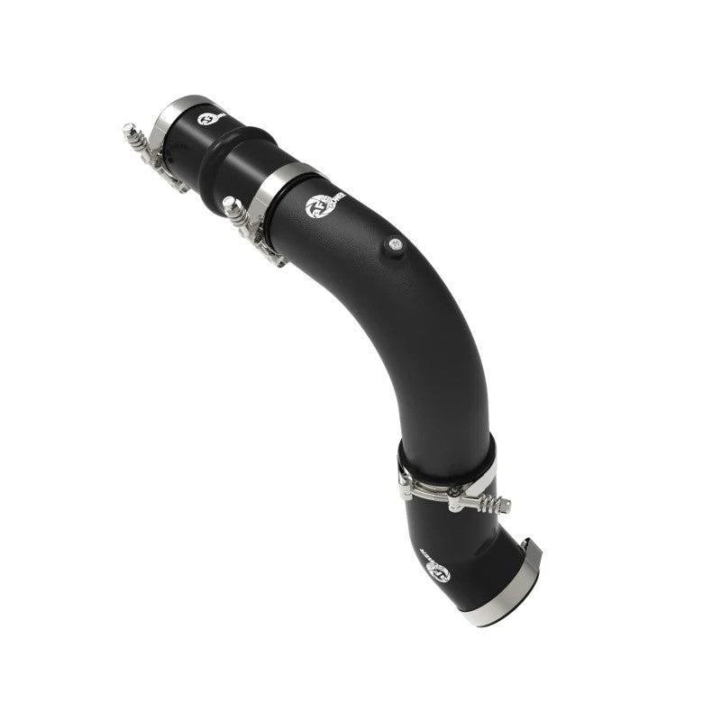 Wrinkle black aFe BladeRunner 3-inch aluminum hot charge pipe with 5-ply silicone couplings and T-bolt clamps.