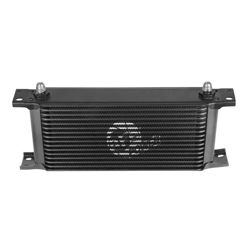 aFe POWER BladeRunner black aluminum stacked-plate transmission oil cooler with AN -8 fittings and mounting brackets.