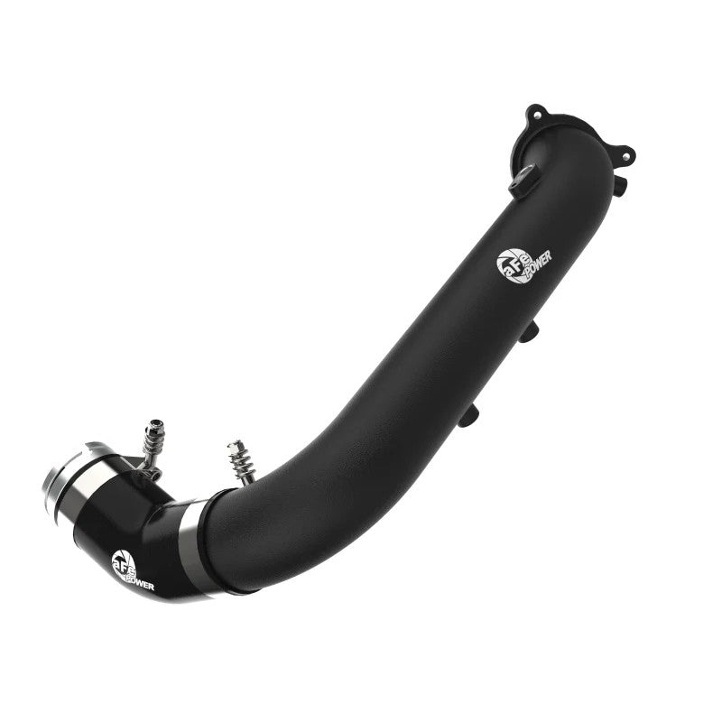 aFe BladeRunner 2-3/4 inch wrinkle black aluminum charge pipe with silicone couplings and T-bolt clamps.