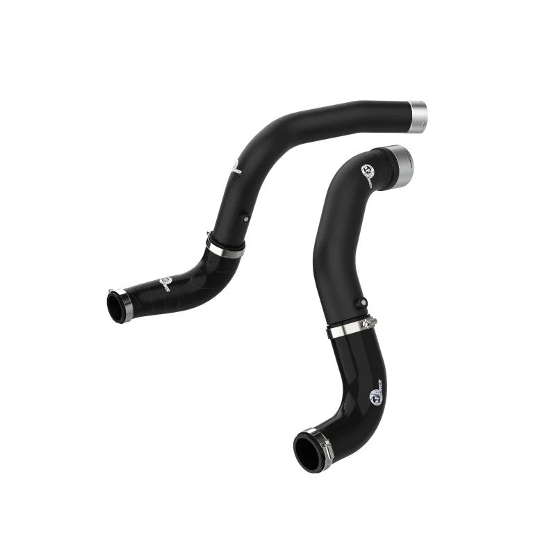 aFe Power BladeRunner wrinkle black aluminum intercooler pipes with blue silicone couplers and stainless T-bolt clamps.