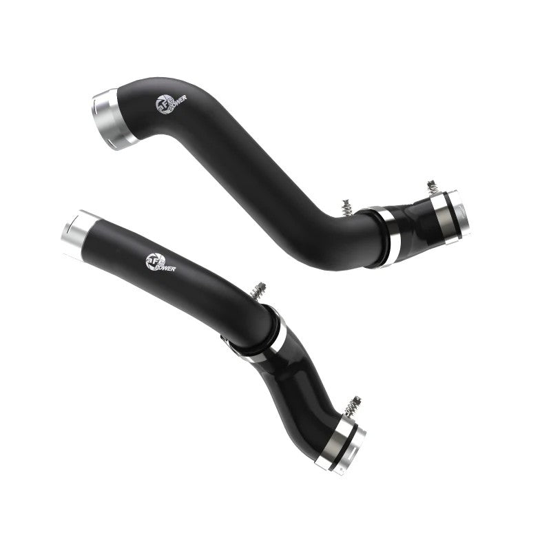 aFe Power BladeRunner wrinkle black aluminum hot and cold side intercooler tubes with silicone couplers and T-bolt clamps.