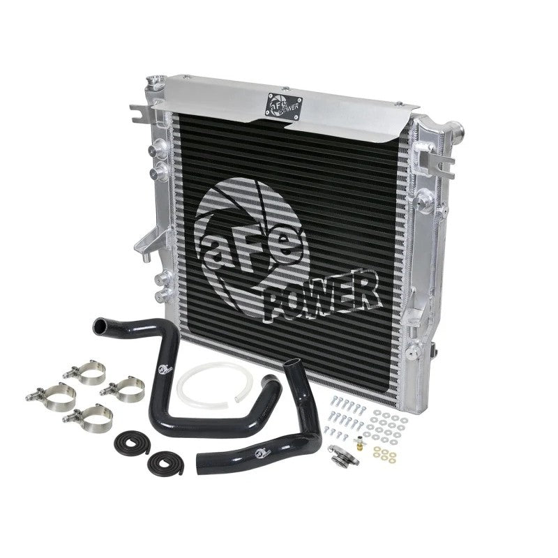 aFe Power BladeRunner GT Series aluminum bar and plate radiator with black silicone hoses and T-bolt clamps