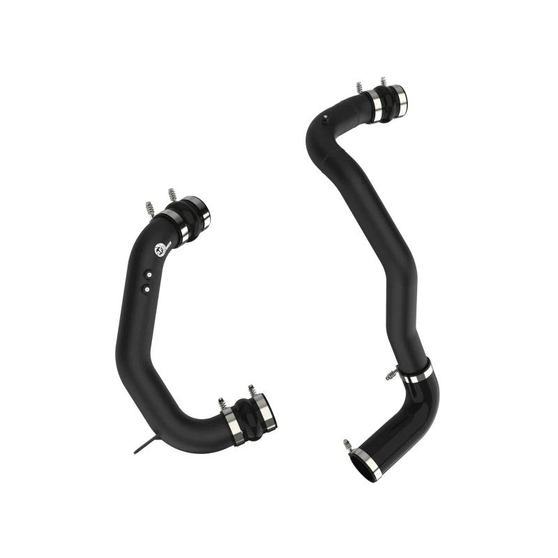 aFe BladeRunner wrinkle black aluminum intercooler charge pipes with blue 5-ply silicone couplers and T-bolt clamps.
