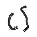 aFe BladeRunner wrinkle black aluminum intercooler charge pipes with blue 5-ply silicone couplers and T-bolt clamps.