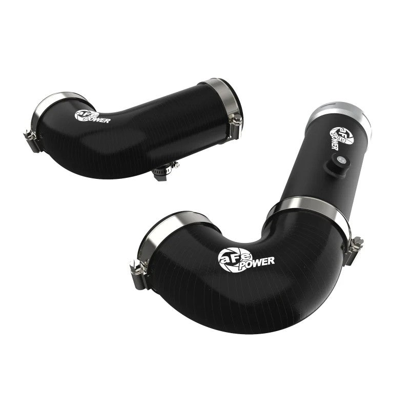 aFe BladeRunner wrinkle black aluminum and silicone intercooler charge pipes with stainless steel clamps and hardware.