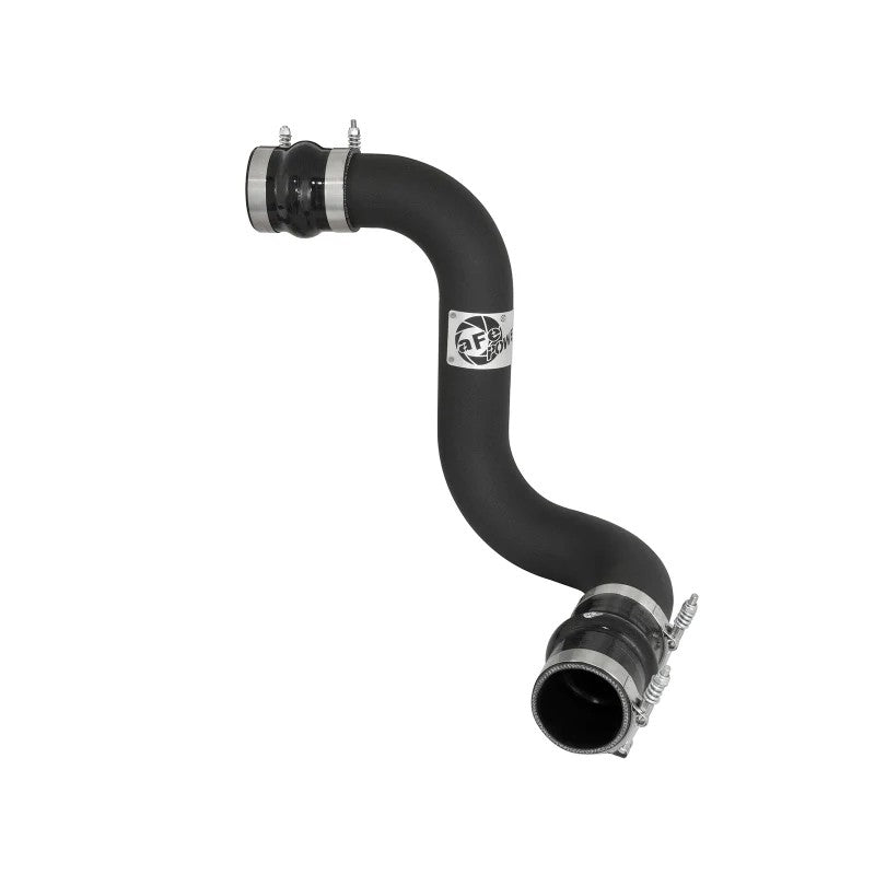 aFe Power BladeRunner intercooler out tube with blue 4-ply couplings and stainless steel T-bolt clamps.