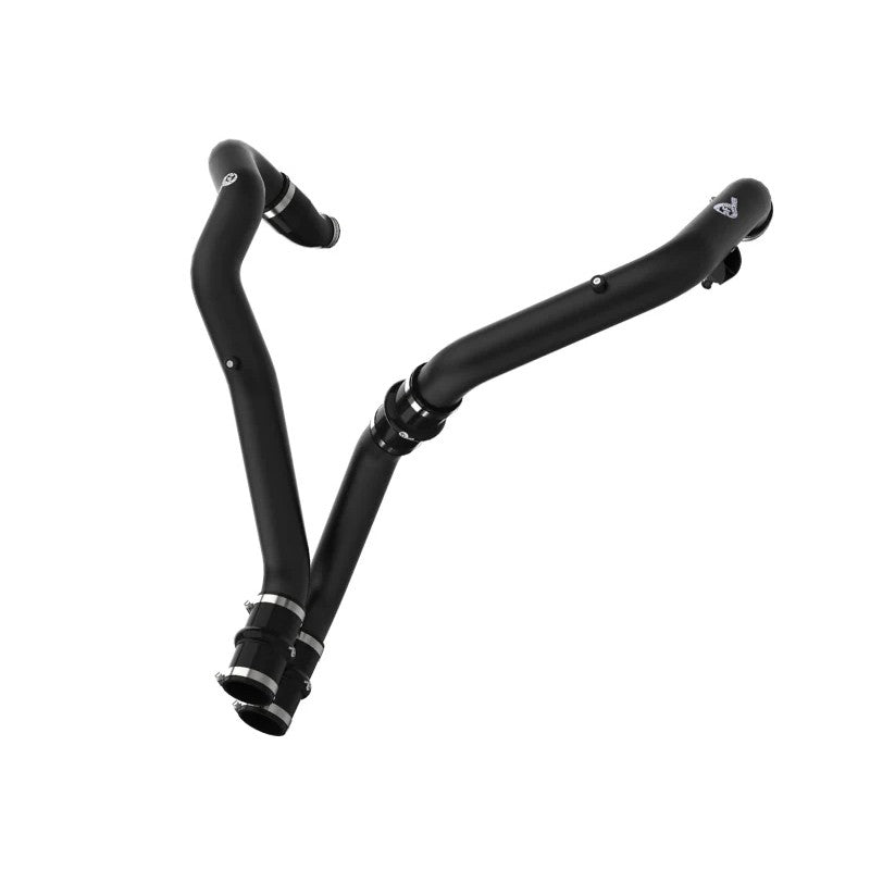 aFe POWER BladeRunner wrinkle black aluminum hot side intercooler tubes with blue silicone couplings and metal clamps