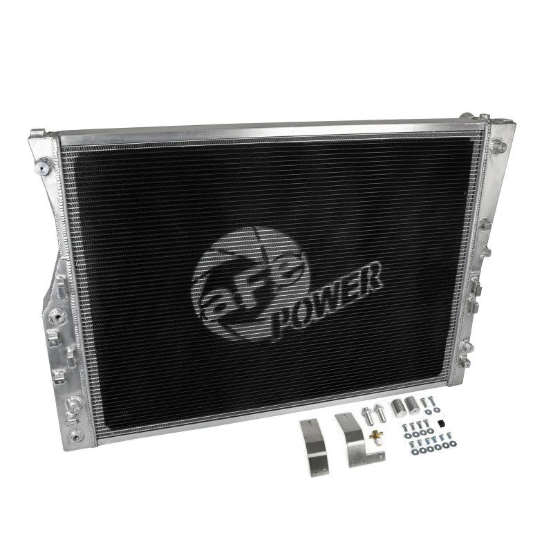 aFe BladeRunner Street Series brushed aluminum radiator with 4-row core and TIG-welded end tanks for Ford 6.4L diesel.