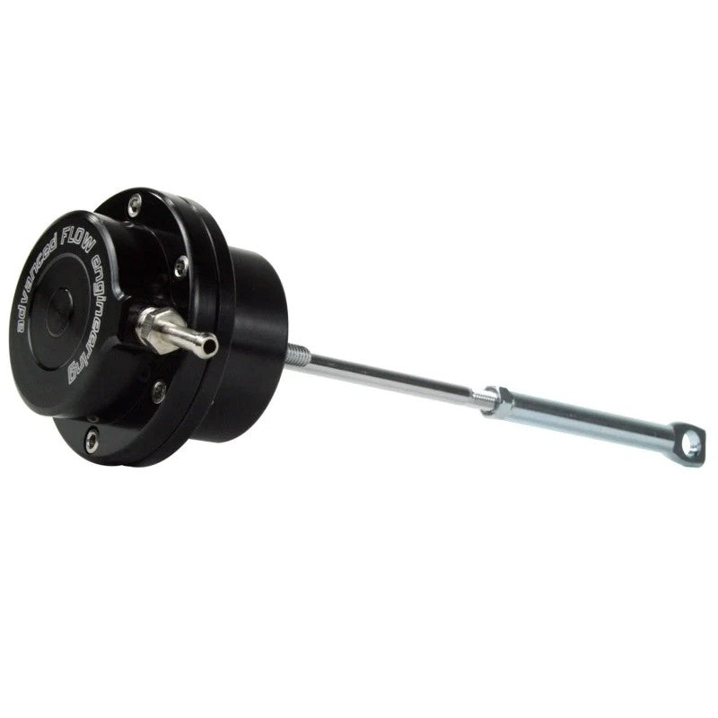 Black anodized CNC T6061 billet aluminum aFe BladeRunner turbocharger wastegate actuator with locking jam nut.
